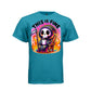 THIS IS FINE tee in teal, front, creepy cute reaper coffee and flames graphic tee for her - Project Hood