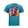 THIS IS FINE tee in teal, front, creepy cute reaper coffee and flames graphic tee for her - Project Hood