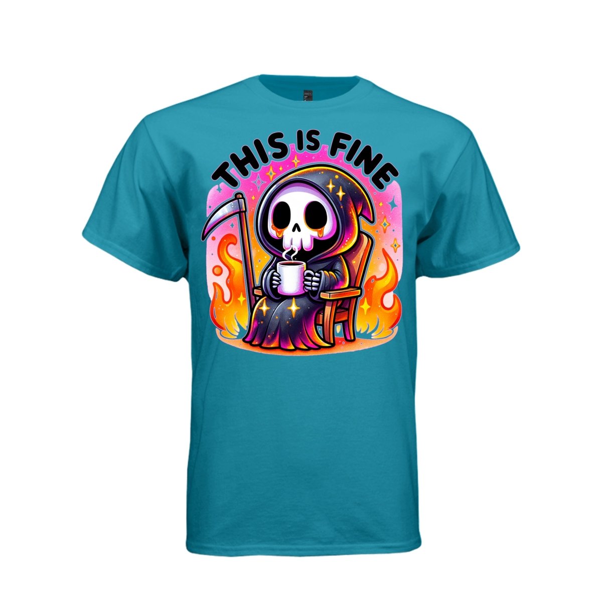 THIS IS FINE tee in teal, front, creepy cute reaper coffee and flames graphic tee for her - Project Hood