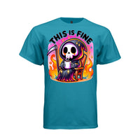 THIS IS FINE tee in teal, front, creepy cute reaper coffee and flames graphic tee for her - Project Hood