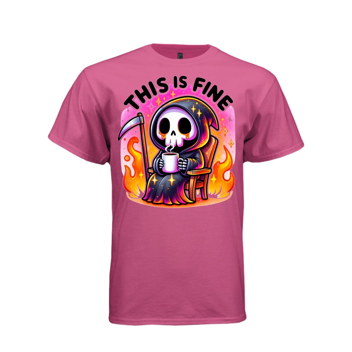THIS IS FINE tee in wow pink, front, cute spooky reaper coffee and flames graphic tee for her - Project Hood