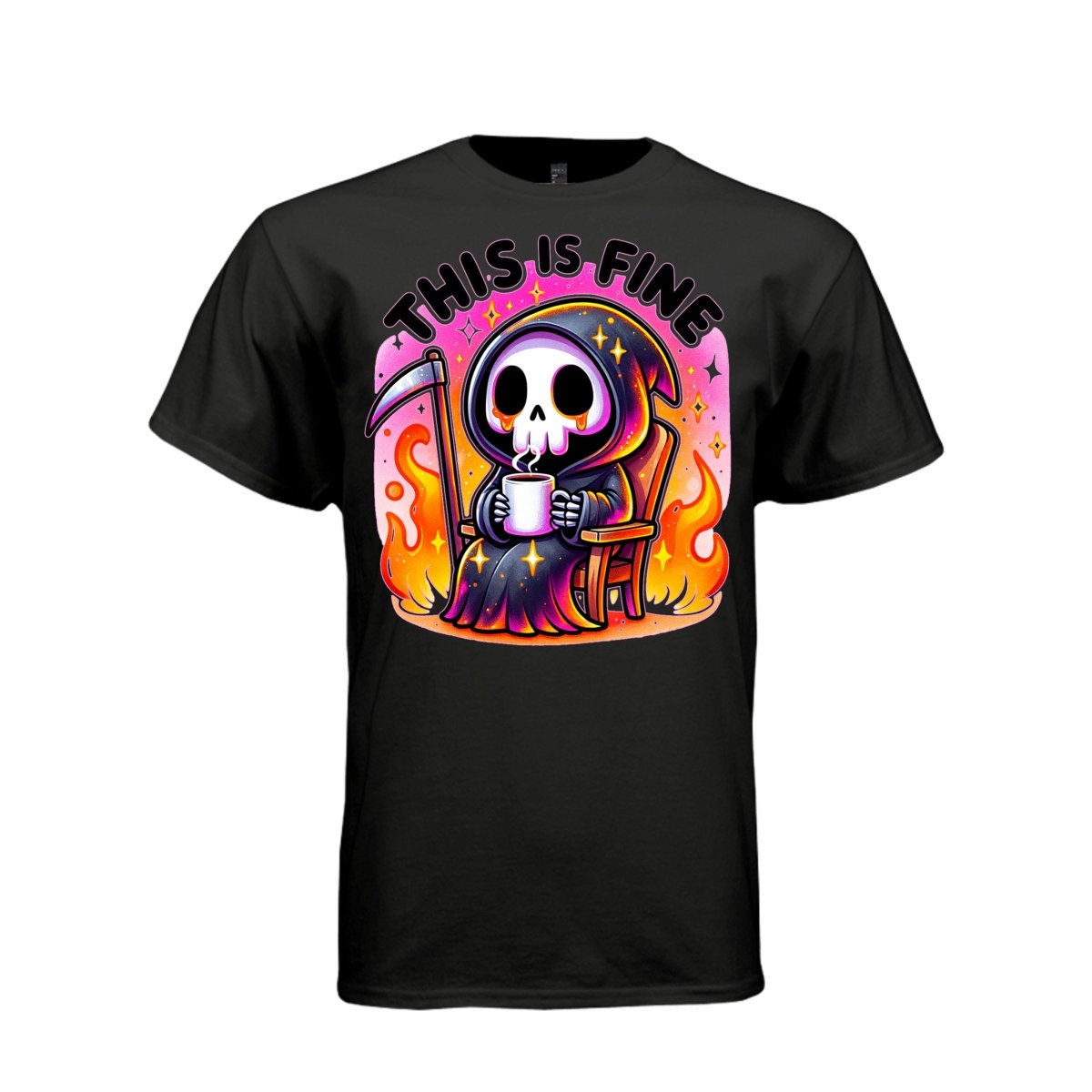 THIS IS FINE tee in black, front, cute reaper coffee and flames graphic tee for her - Project Hood