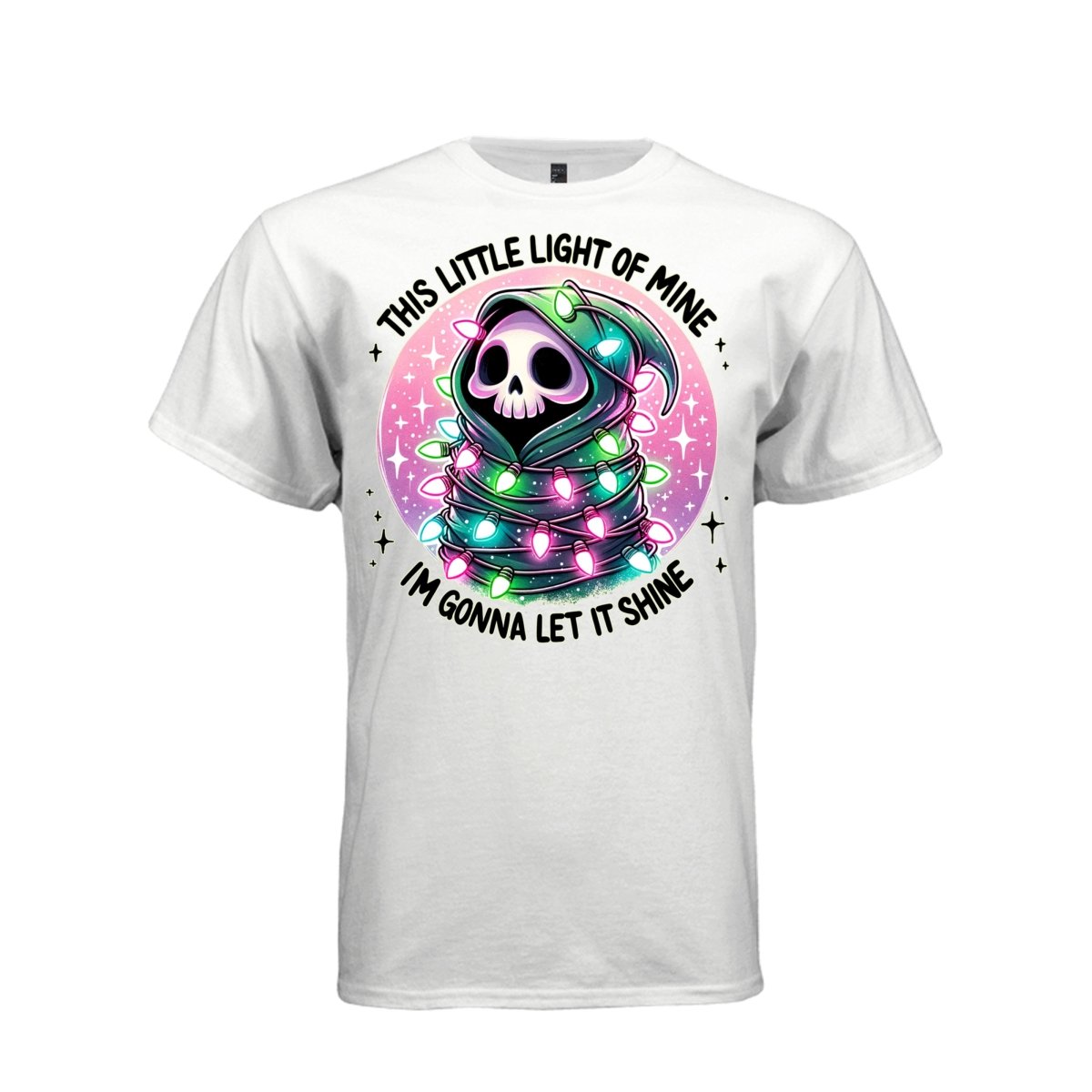 THIS LITTLE LIGHT OF MINE tee in white, front, pastel goth reaper pink christmas lights graphic shirt - Project Hood