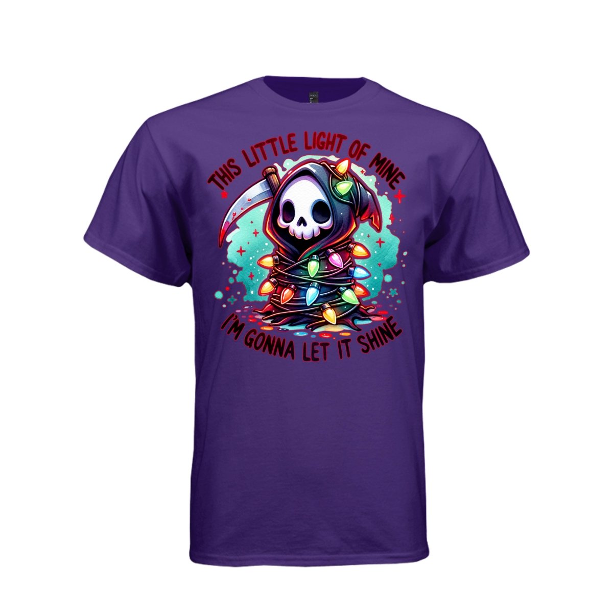 THIS LITTLE LIGHT OF MINE tee in purple, front, kawaii goth reaper rainbow christmas lights graphic tee - Project Hood