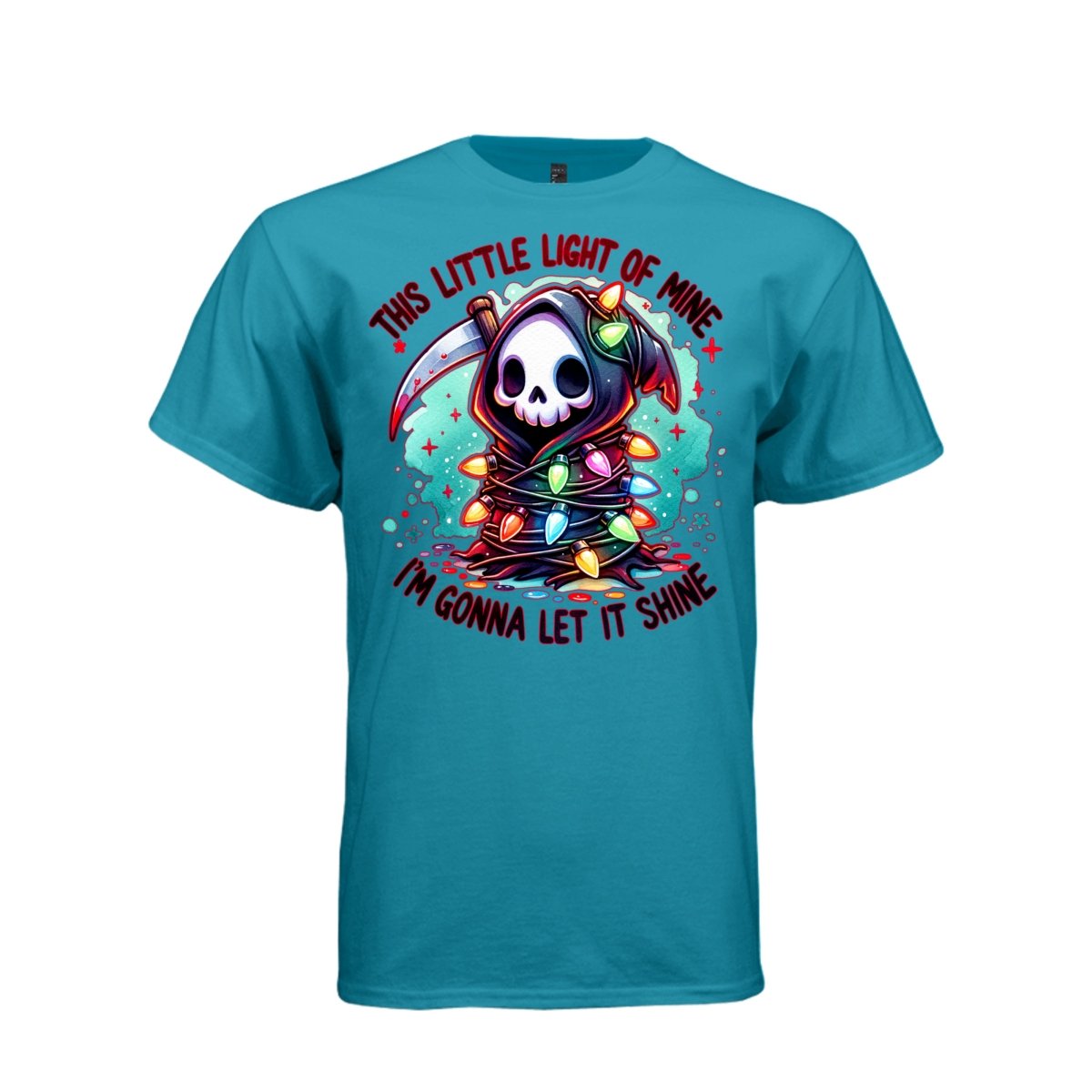THIS LITTLE LIGHT OF MINE tee in teal, front, creepy cute reaper rainbow christmas lights graphic tee for her - Project Hood