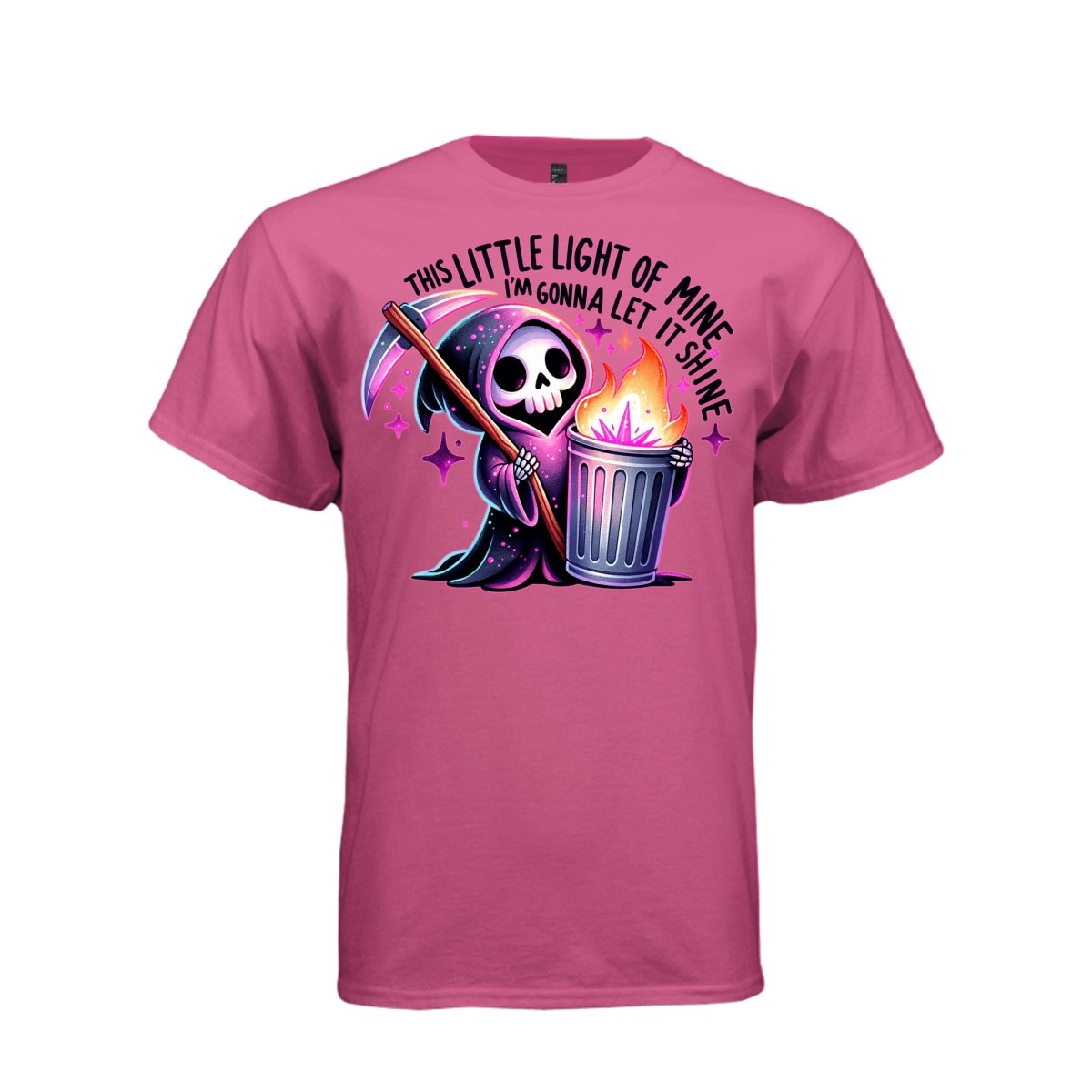 THIS LITTLE LIGHT OF MINE tee in wow pink, front, cute spooky reaper dumpster fire graphic tee for her - Project Hood