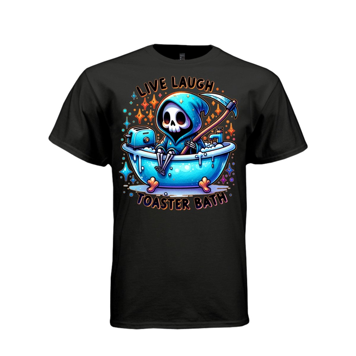 LIVE LAUGH TOASTER BATH tee in black, front, cute reaper bathtub graphic tee for her - Project Hood