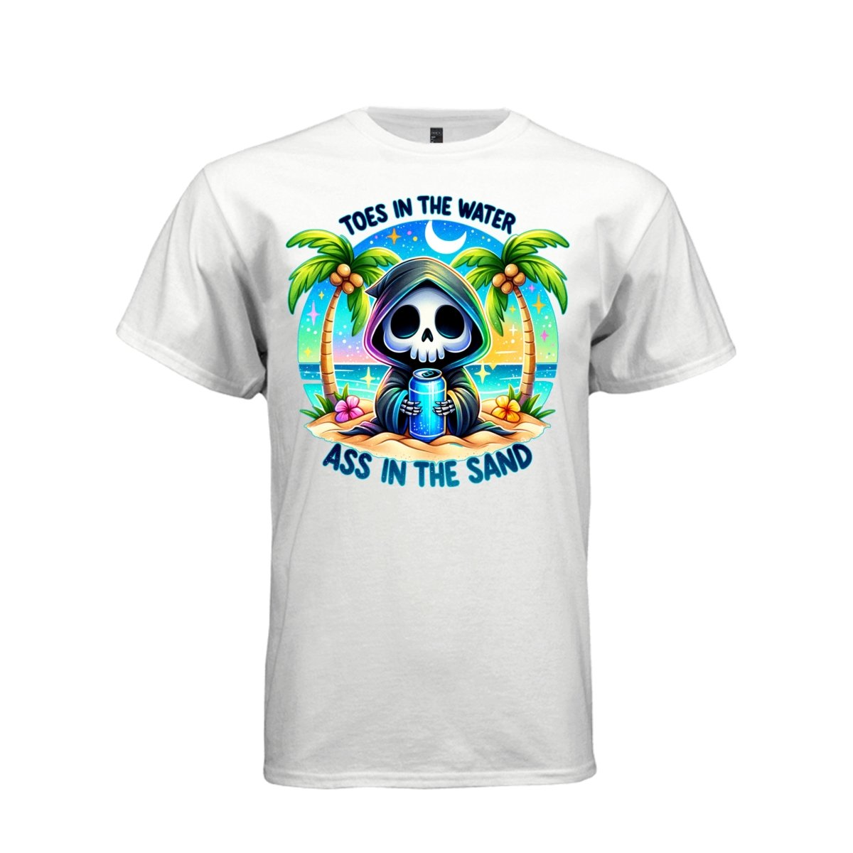 TOES IN THE WATER ASS IN THE SAND tee in white, front, pastel goth reaper palm tree beach graphic shirt - Project Hood