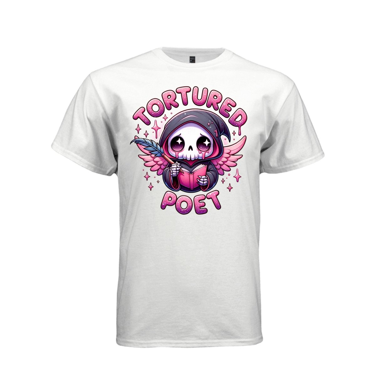 TORTURED POET tee in white, front, pastel goth reaper quill and book graphic shirt for women - Project Hood