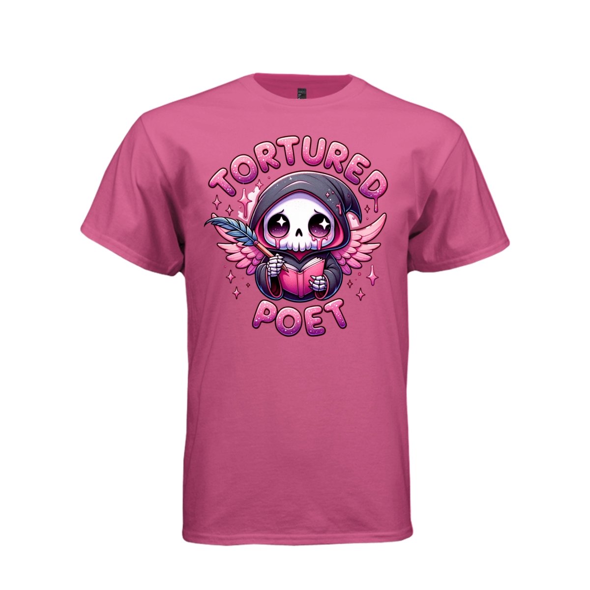 TORTURED POET tee in wow pink, front, cute spooky reaper quill and book graphic tee for her - Project Hood