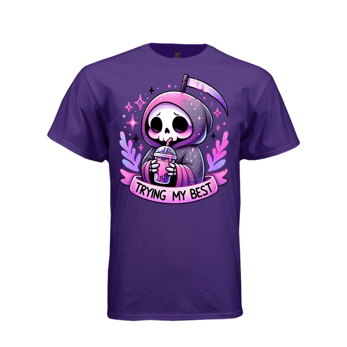 TRYING MY BEST tee in purple, front, kawaii goth reaper iced drink graphic tee for women - Project Hood