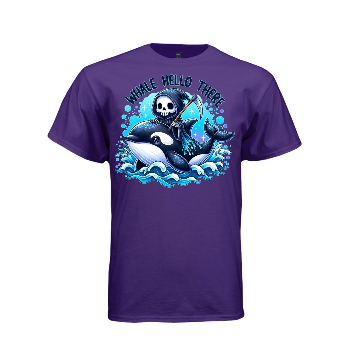 WHALE HELLO THERE tee in purple, front, kawaii goth reaper orca whale graphic tee for women - Project Hood