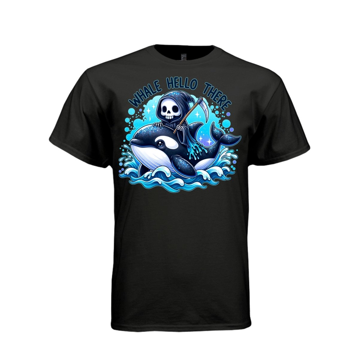 WHALE HELLO THERE tee in black, front, cute reaper orca whale graphic tee for her - Project Hood