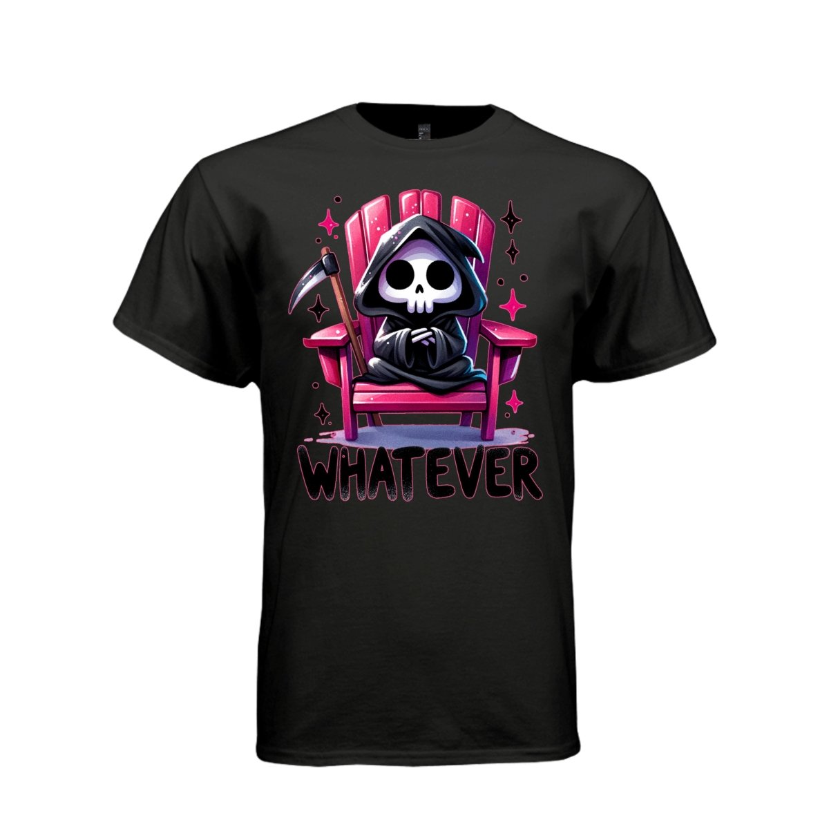 WHATEVER tee in black, front, cute reaper pink chair graphic tee for her, soft cotton - Project Hood