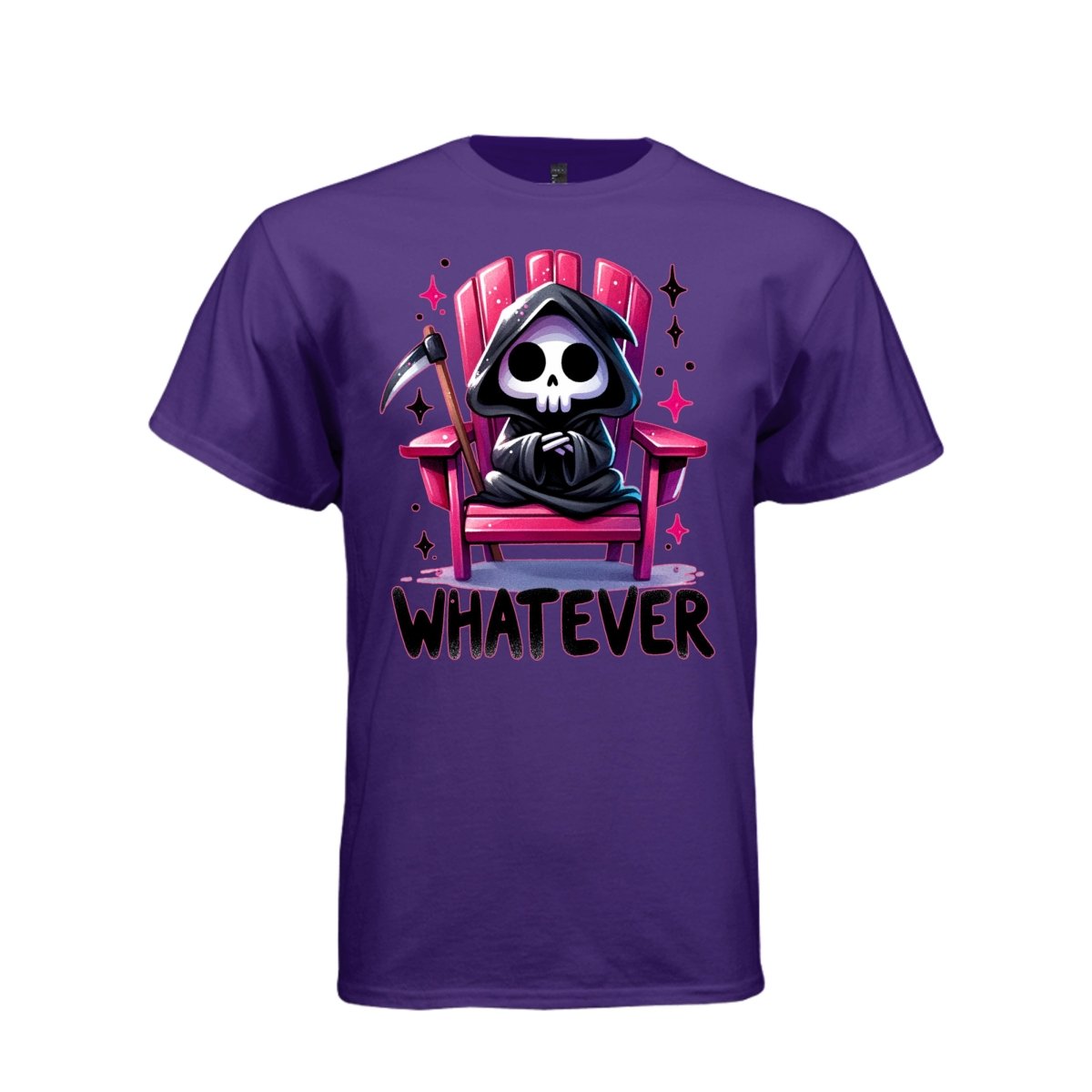 WHATEVER tee in purple, front, kawaii goth reaper pink chair graphic tee for women - Project Hood