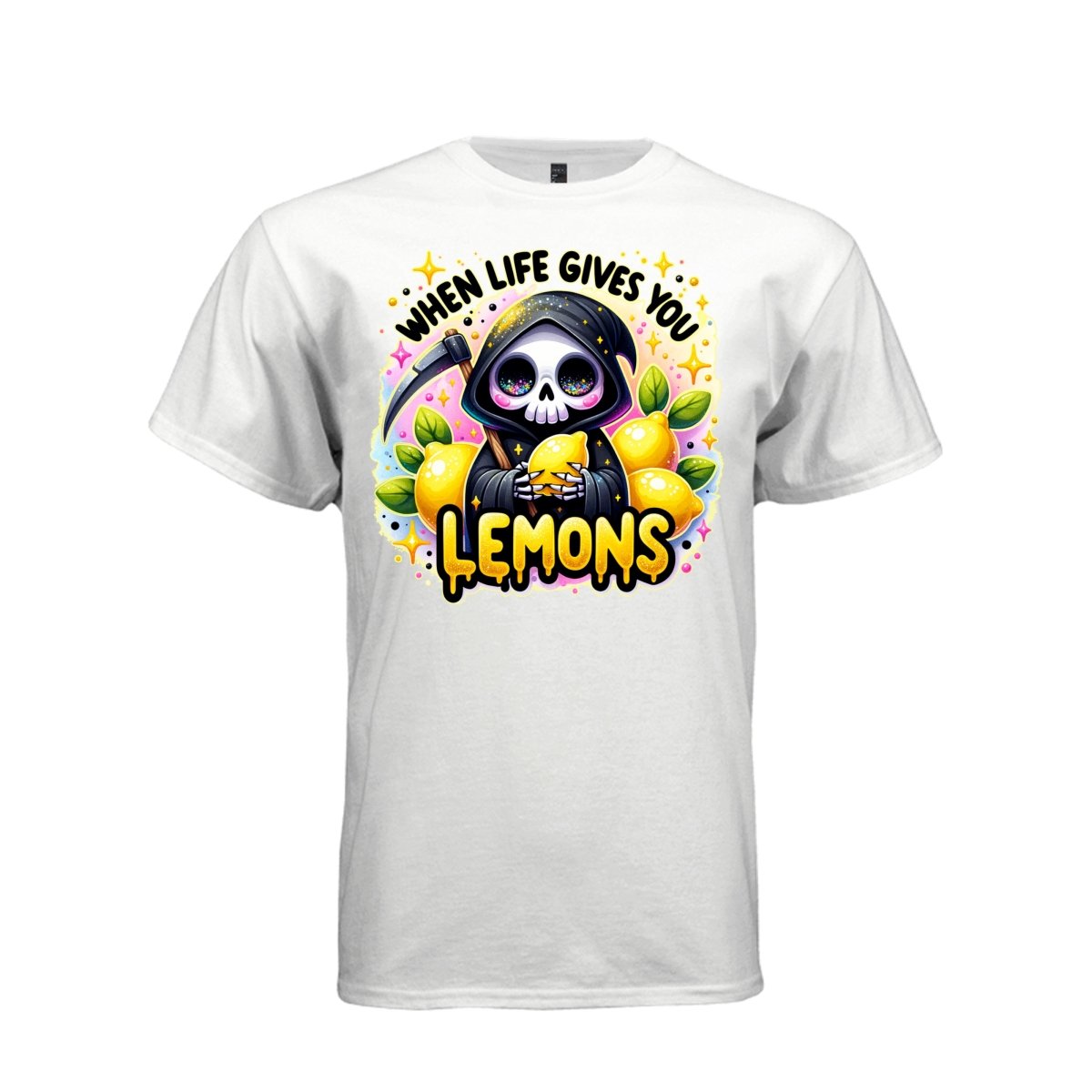 WHEN LIFE GIVES YOU LEMONS tee in white, front, pastel goth reaper lemons graphic shirt for women - Project Hood