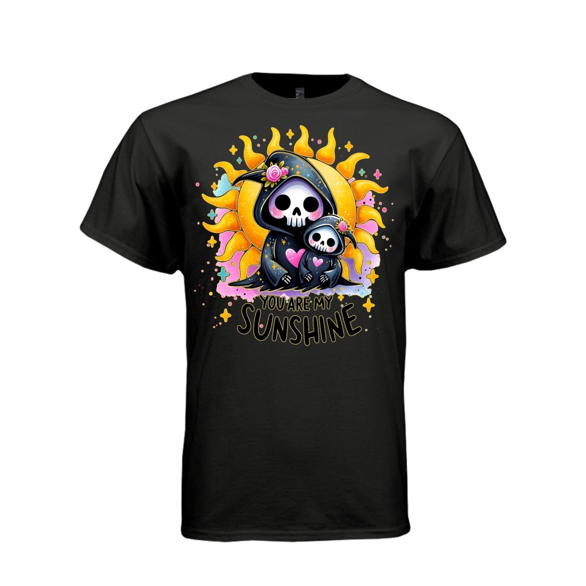 YOU ARE MY SUNSHINE tee in black, front, cute reaper mama and baby graphic tee for her - Project Hood
