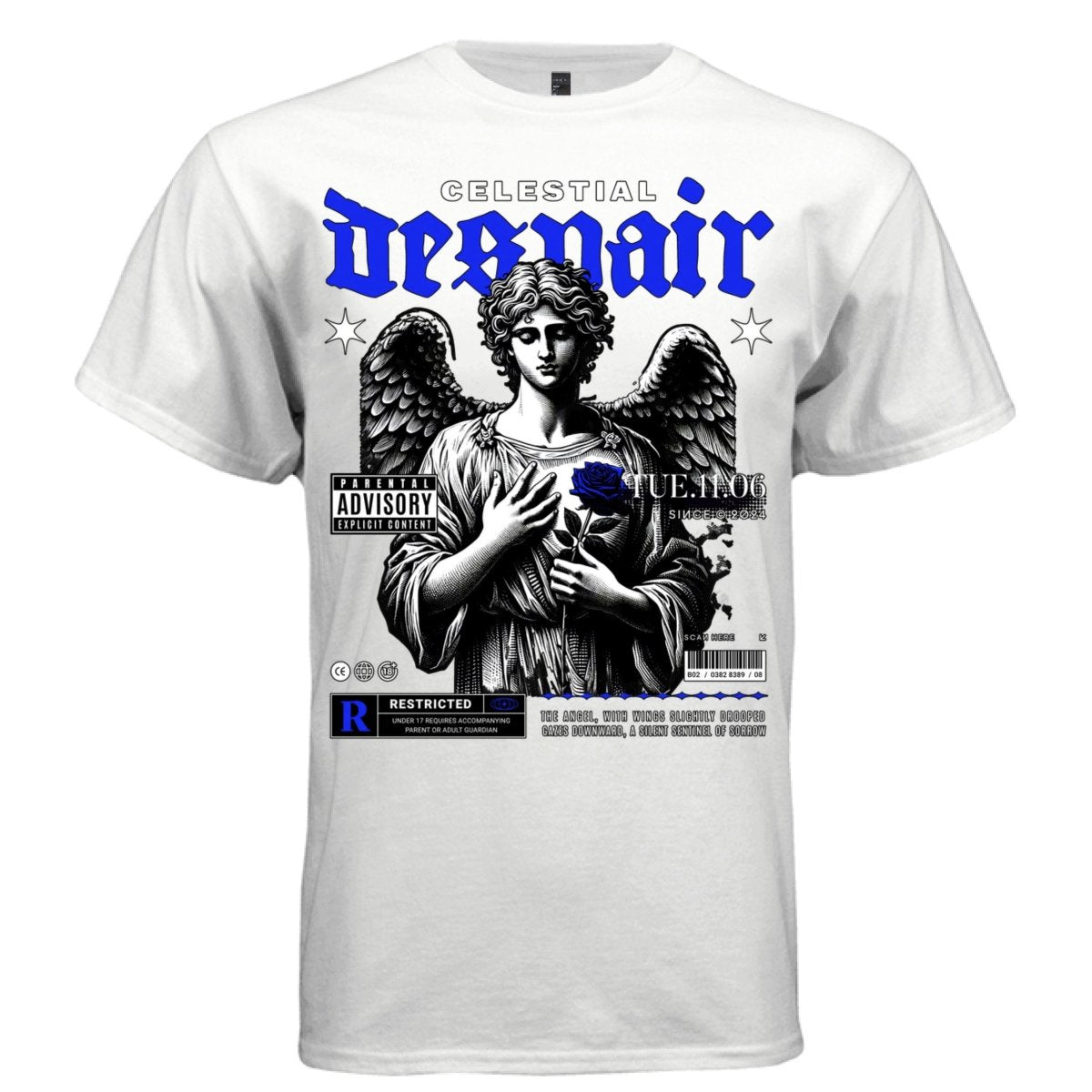 CELESTIAL DESPAIR Gothic Angel Blue Rose Oversized Streetwear T-Shirt | Project Hood 86 - Project Hood