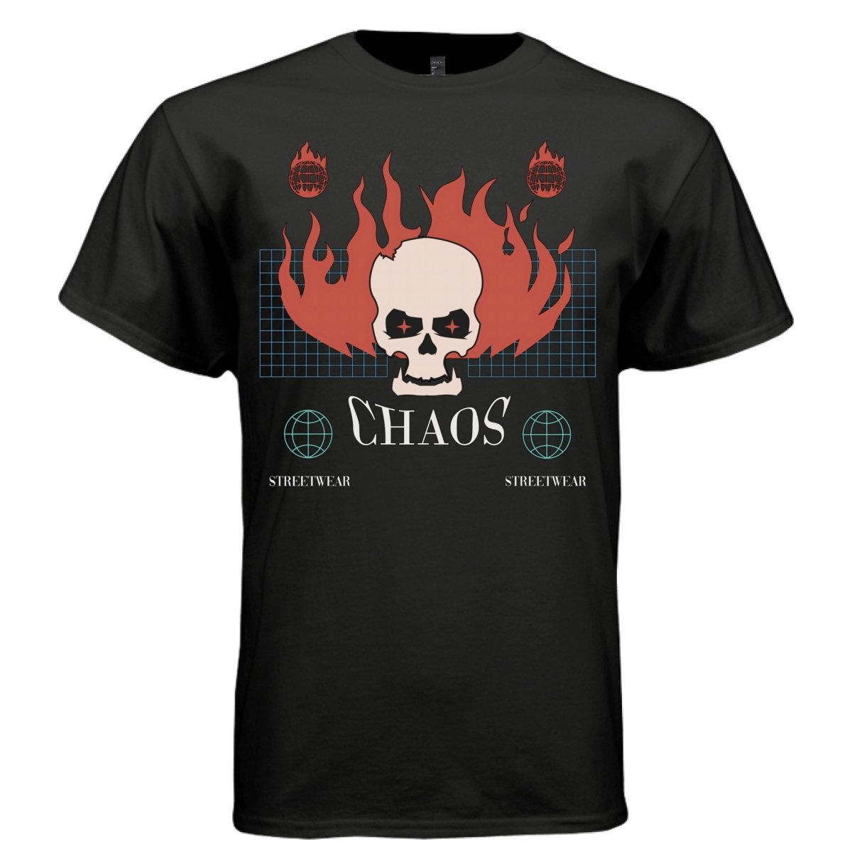 CHAOS Y2K Flaming Skull Globe Graphic T-Shirt | Unisex Streetwear 312 - Project Hood