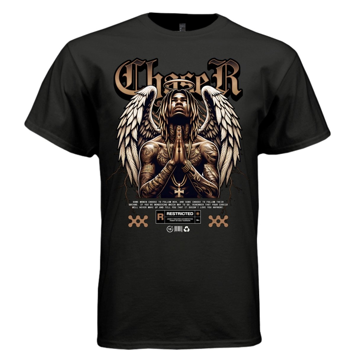 CHASER Tattooed Angel Praying Dreads Gold Chain Oversized Streetwear T-Shirt | Project Hood 145 - Project Hood