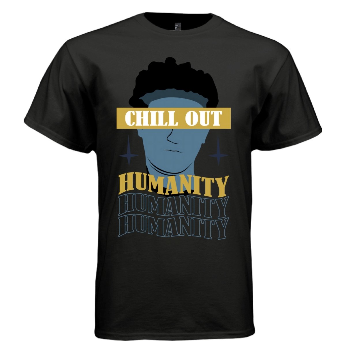 CHILL OUT Y2K Blue Statue Humanity Graphic T-Shirt | Unisex Streetwear 320 - Project Hood