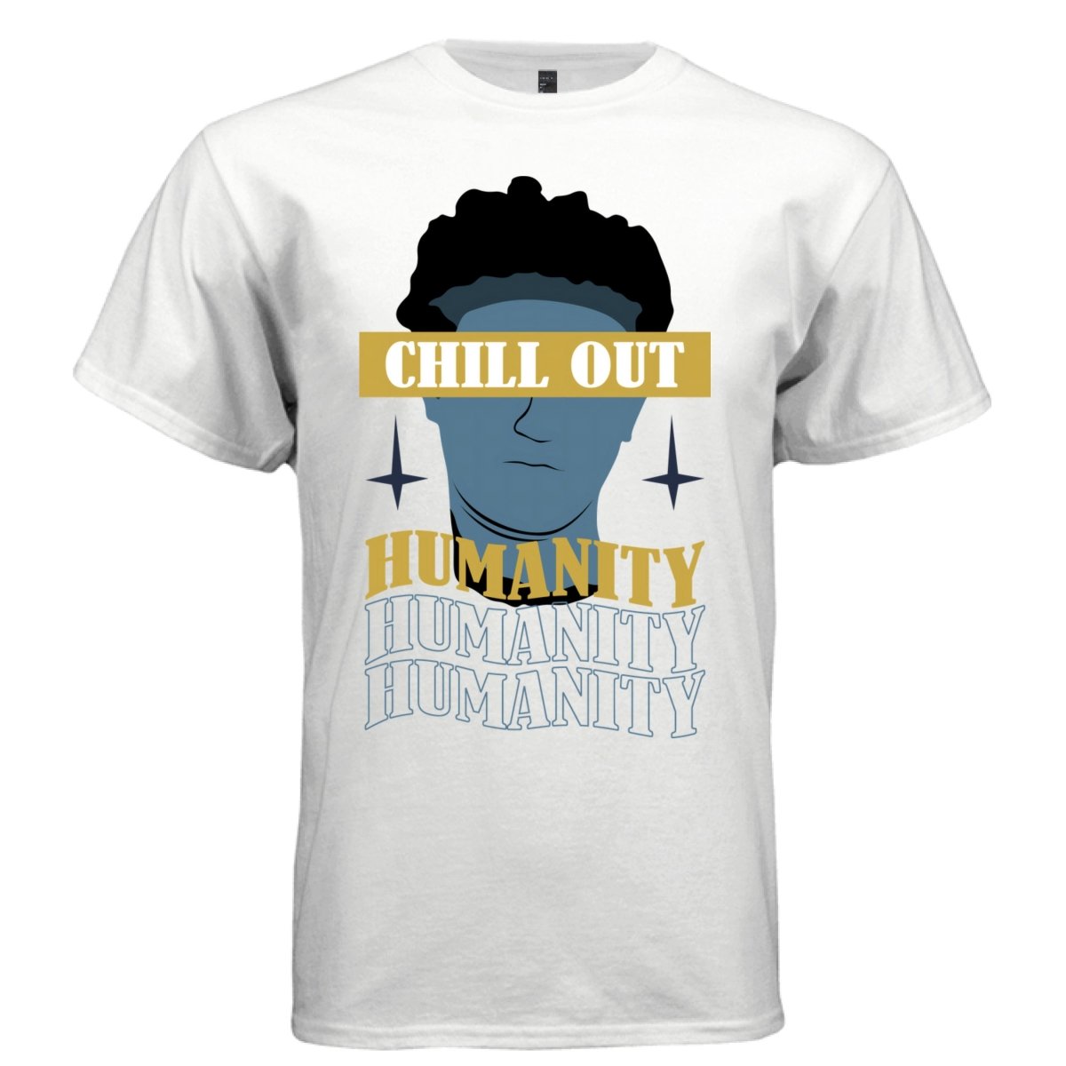 CHILL OUT Y2K Blue Statue Humanity Graphic T-Shirt | Unisex Streetwear 320 - Project Hood