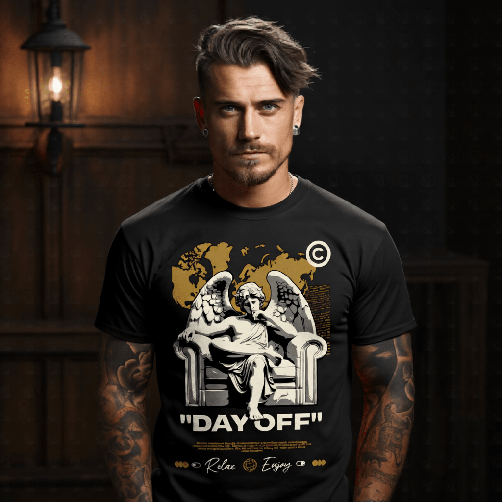 DAY OFF Angel Armchair World Map Gold Oversized Streetwear T-Shirt | Project Hood 143 - Project Hood