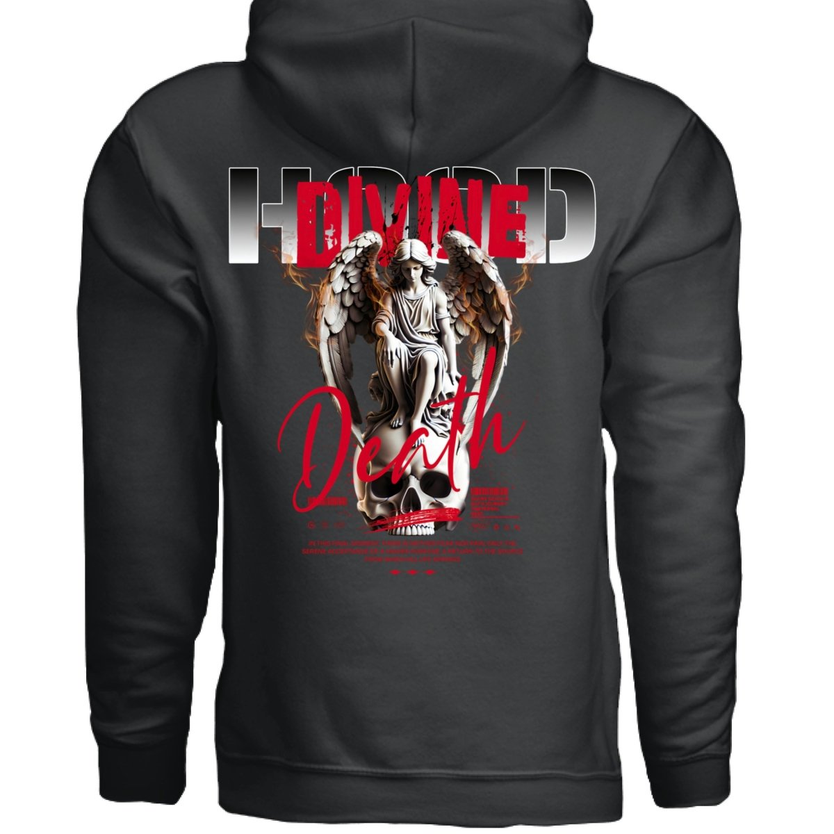 DIVINE DEATH Angel Skull Fire Red Script Oversized Hoodie | Project Hood 135 - Project Hood