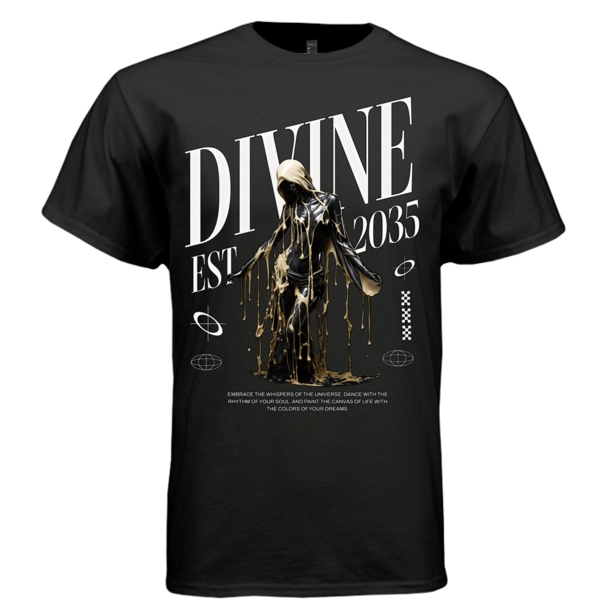 Divine EST 2035 Gold Drip Oversized Streetwear T-Shirt | Luxury Dark Aesthetic Graphic Tee with Inspirational Quote 2 - Project Hood
