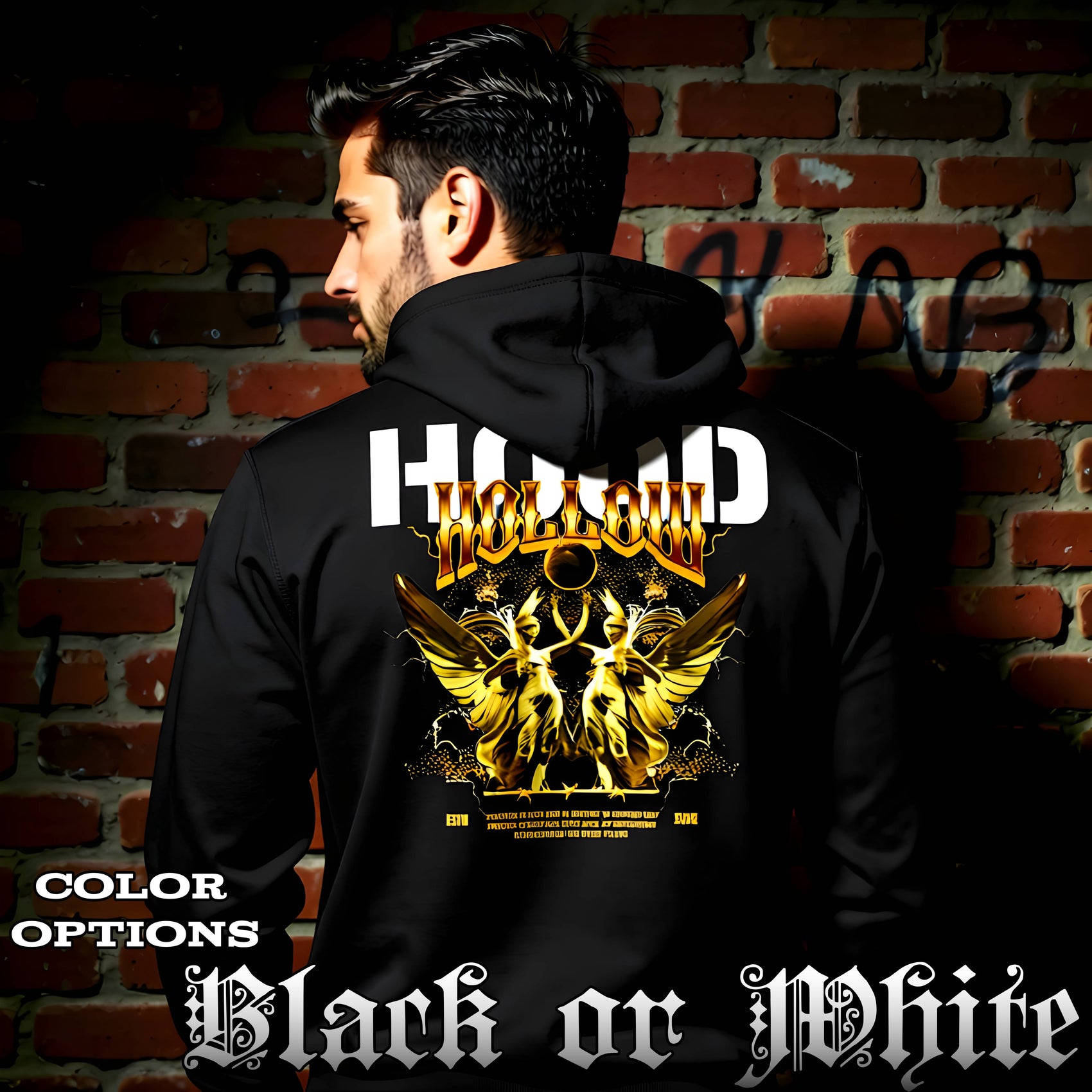 HOLLOW VIRTUE dual golden angel statues barbed wire oversized black hoodie Project Hood