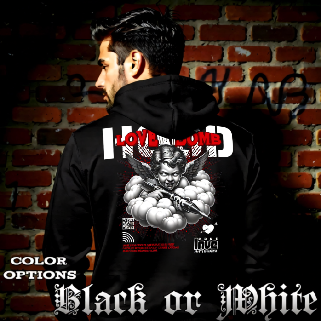 Model wearing gothic angel graphic oversized hoodie with dark art design. 