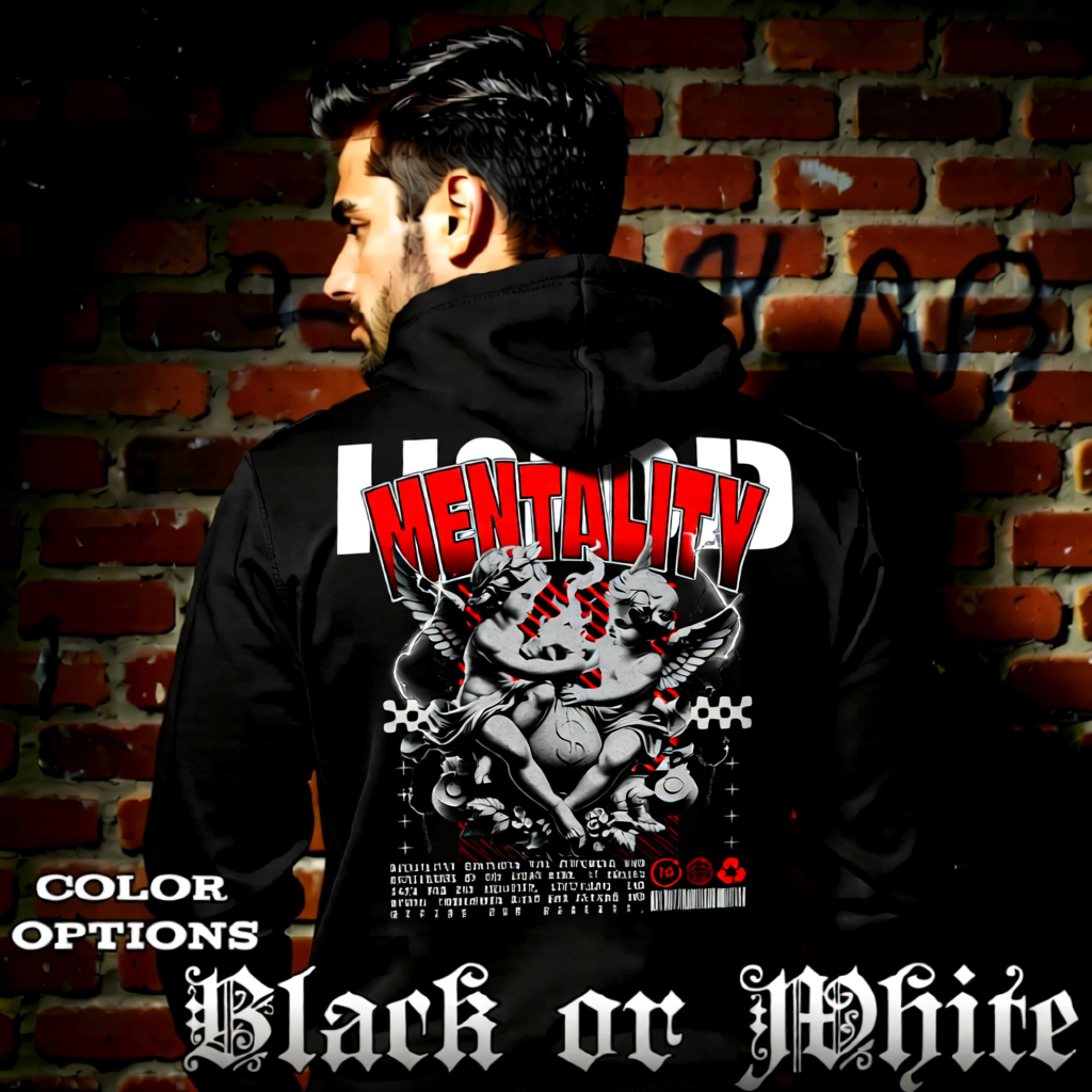 Model wearing gothic angel graphic oversized hoodie with dark art design. 
