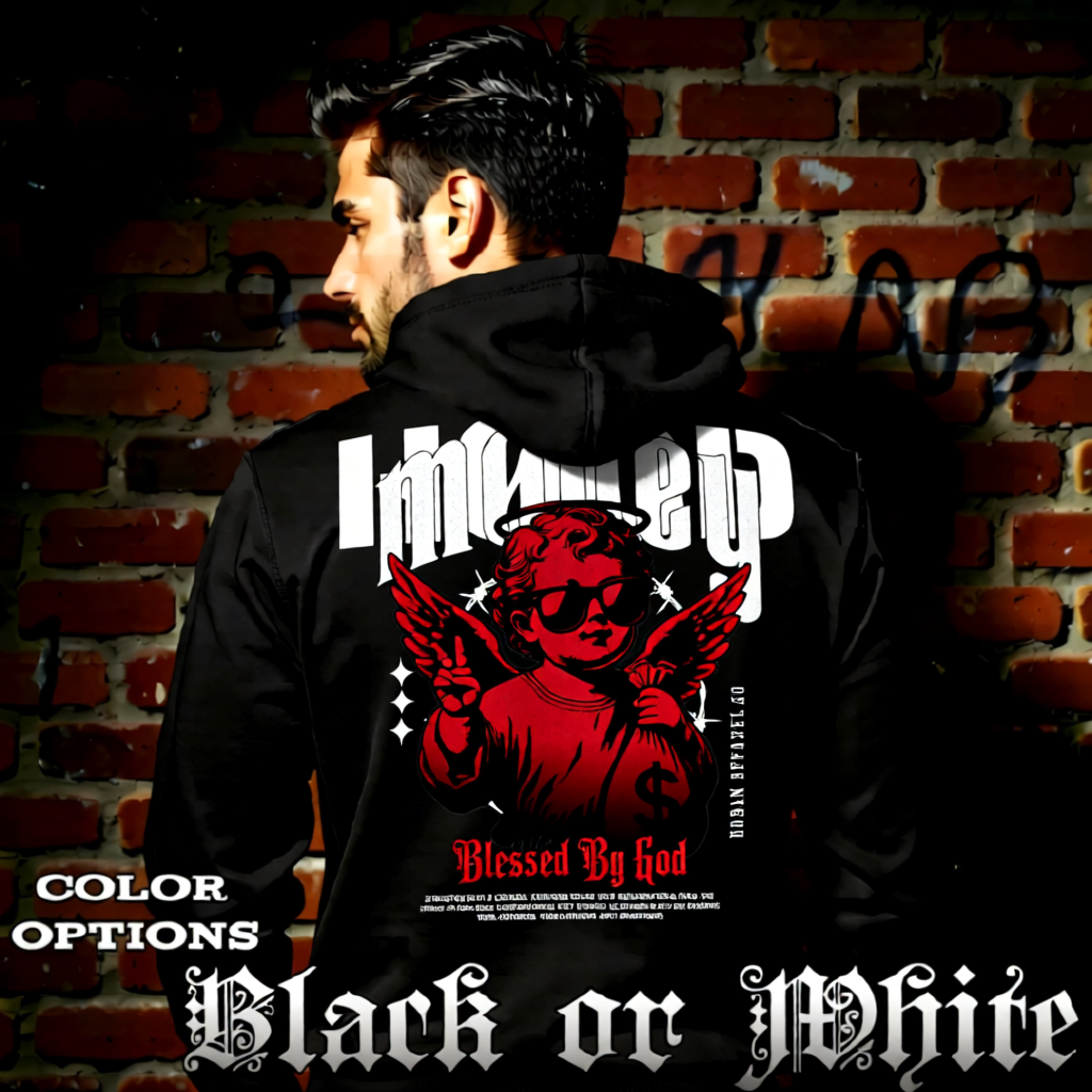 Model wearing gothic angel graphic oversized hoodie with dark art design. 