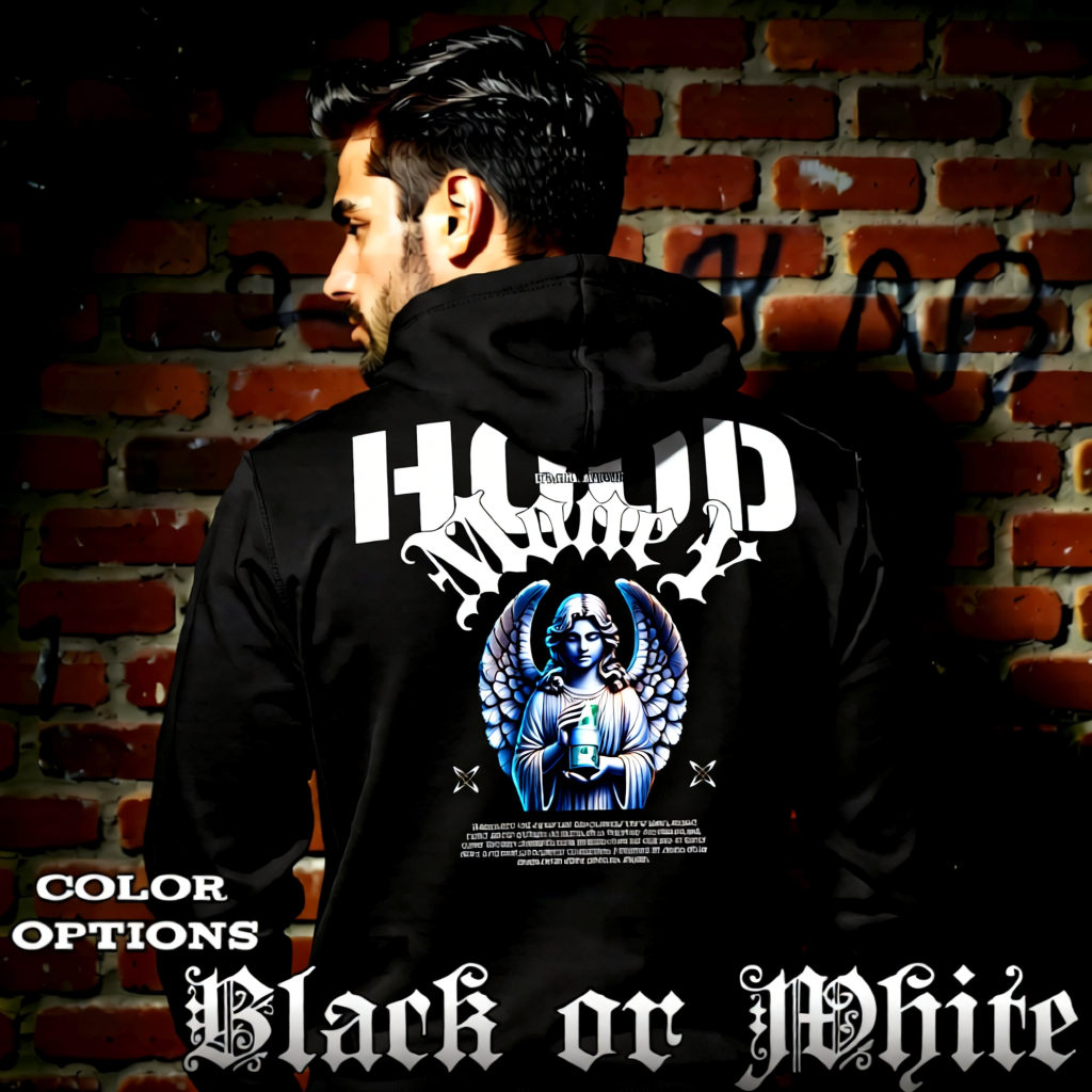 Model wearing gothic angel graphic oversized hoodie with dark art design. 