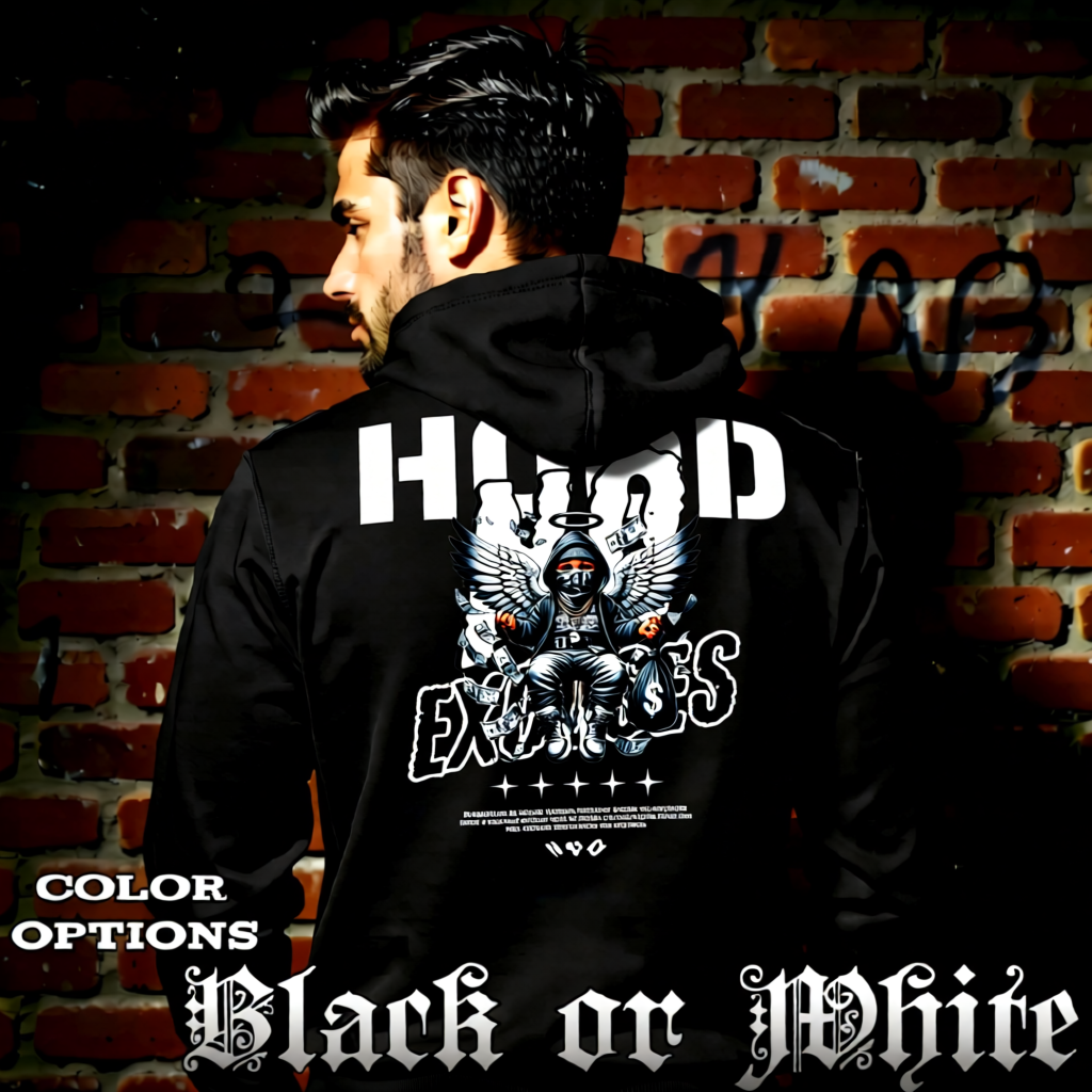 Model wearing gothic angel graphic oversized hoodie with dark art design. 