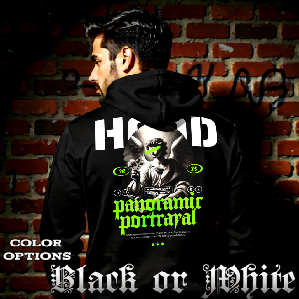 Model wearing gothic angel graphic oversized hoodie with dark art design. 