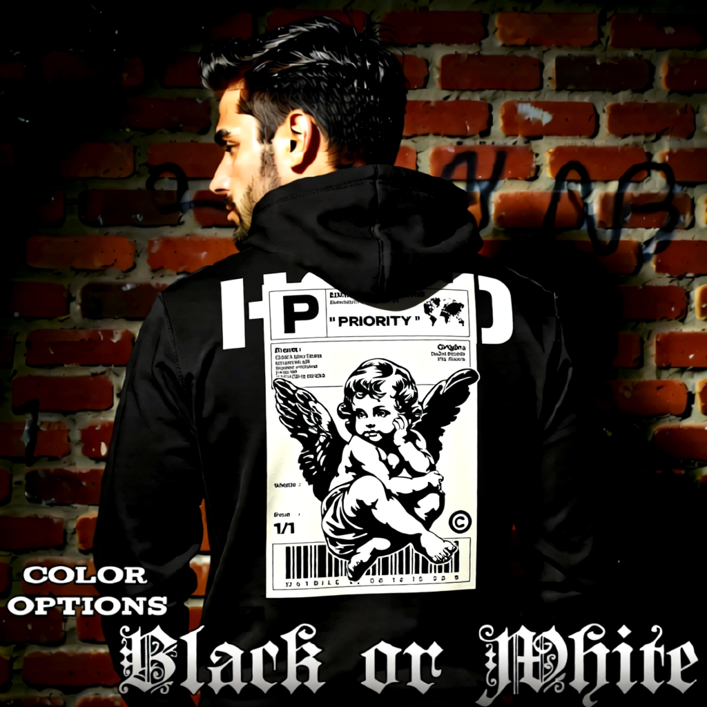 Model wearing gothic angel graphic oversized hoodie with dark art design. 