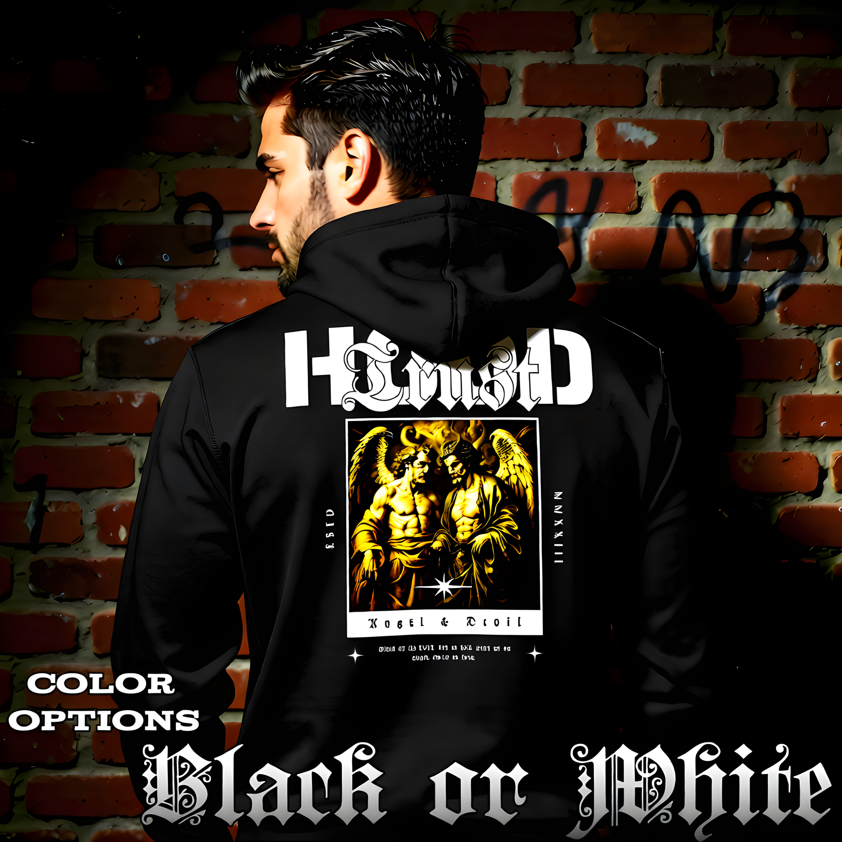 TRUST Renaissance angel and devil portrait side by side oversized black hoodie Project Hood