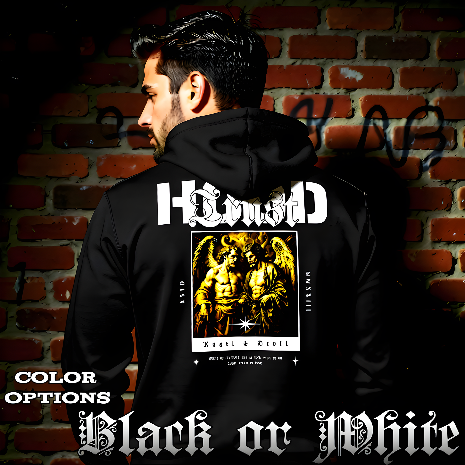 TRUST Renaissance angel and devil portrait side by side oversized black hoodie Project Hood