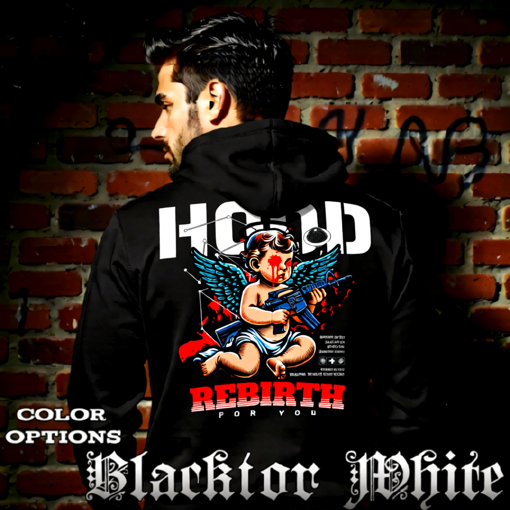 Model wearing gothic angel graphic oversized hoodie with dark art design.