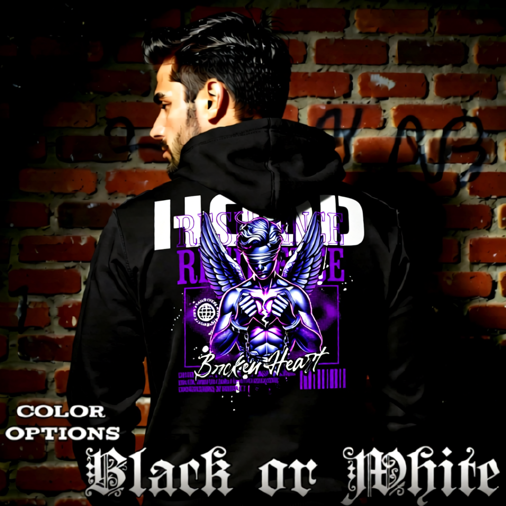 Model wearing gothic angel graphic oversized hoodie with dark art design.