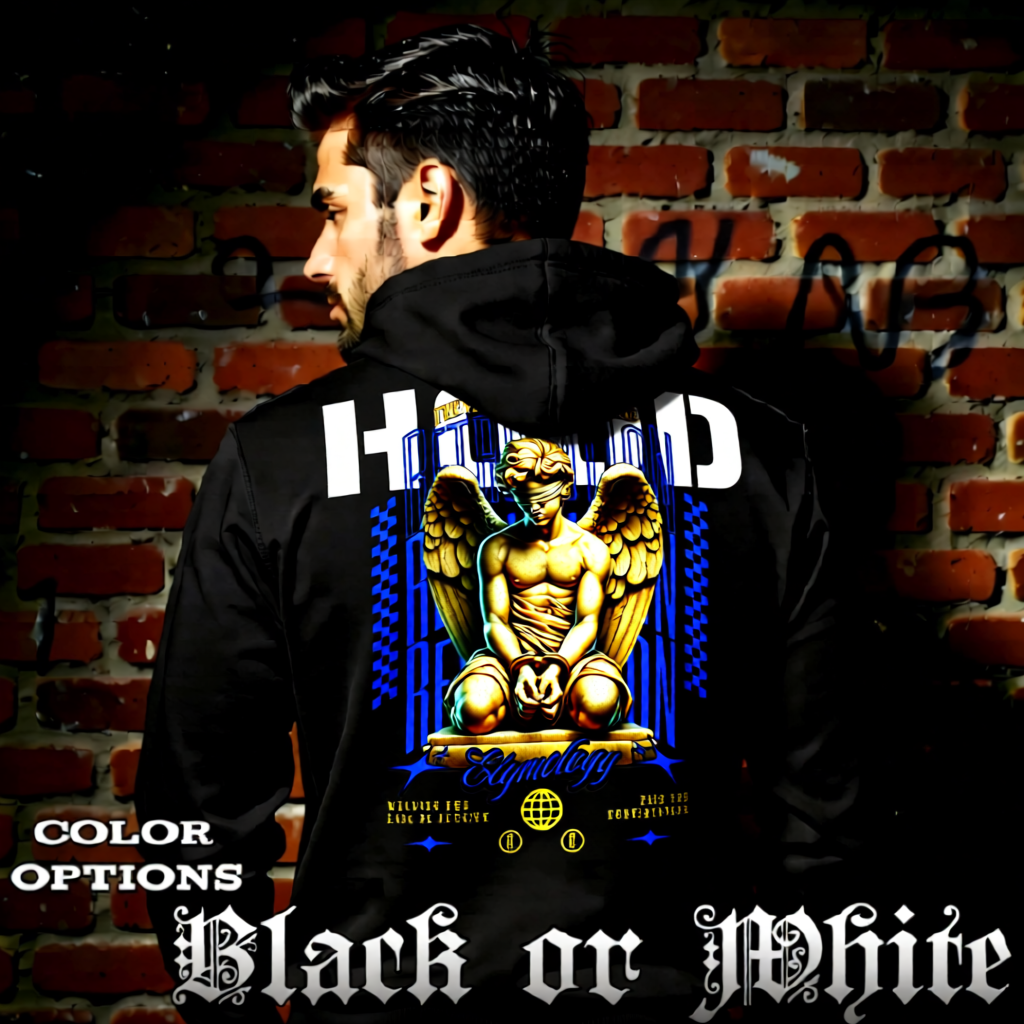 Model wearing gothic angel graphic oversized hoodie with dark art design. 