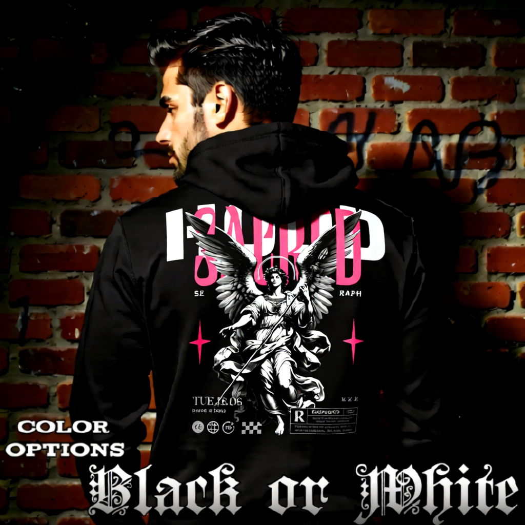 Model wearing gothic angel graphic oversized hoodie with dark art design. 