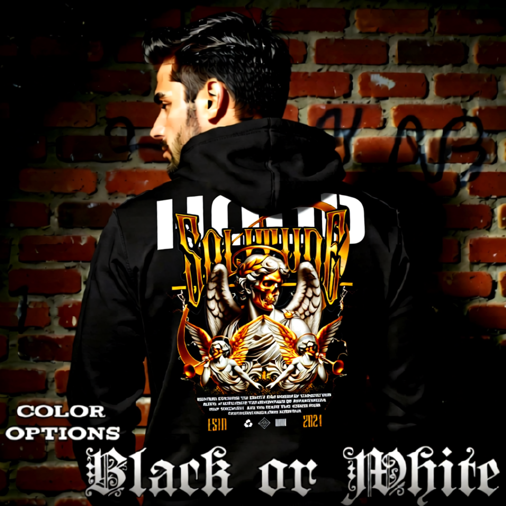 Model wearing gothic angel graphic oversized hoodie with dark art design. 
