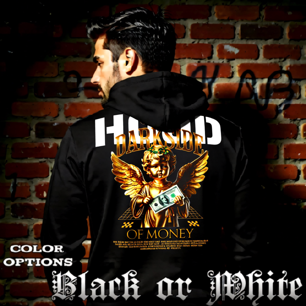 Model wearing gothic angel graphic oversized hoodie with dark art design. 