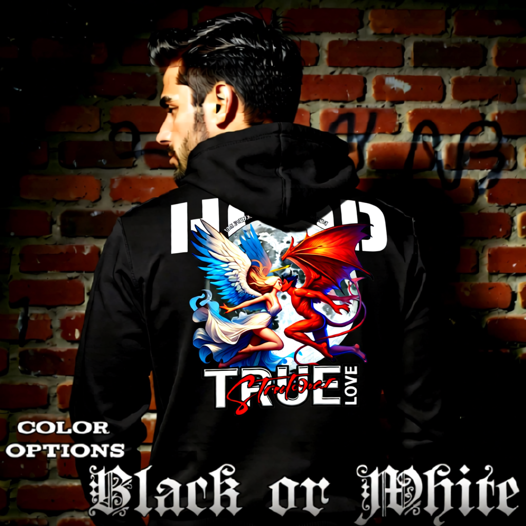 Model wearing gothic angel graphic oversized hoodie with dark art design. 