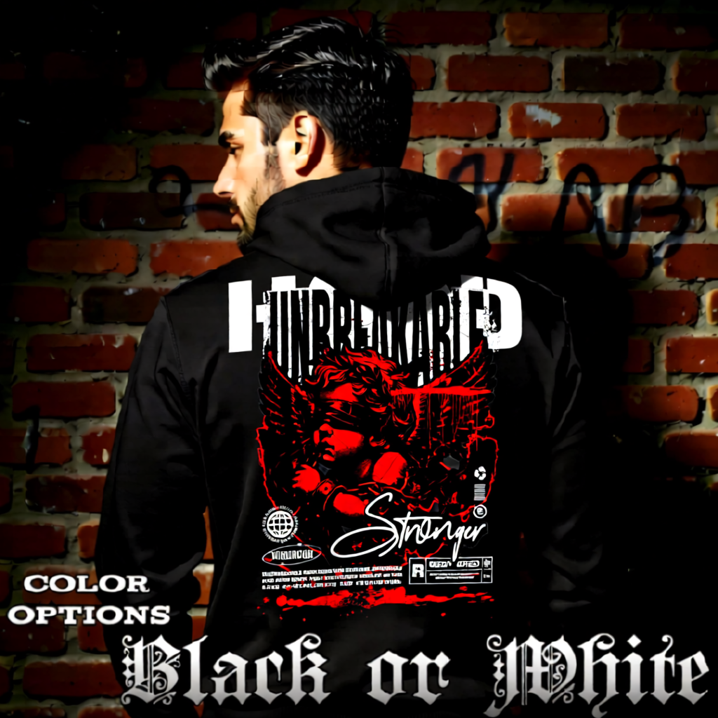 Model wearing gothic angel graphic oversized hoodie with dark art design. 
