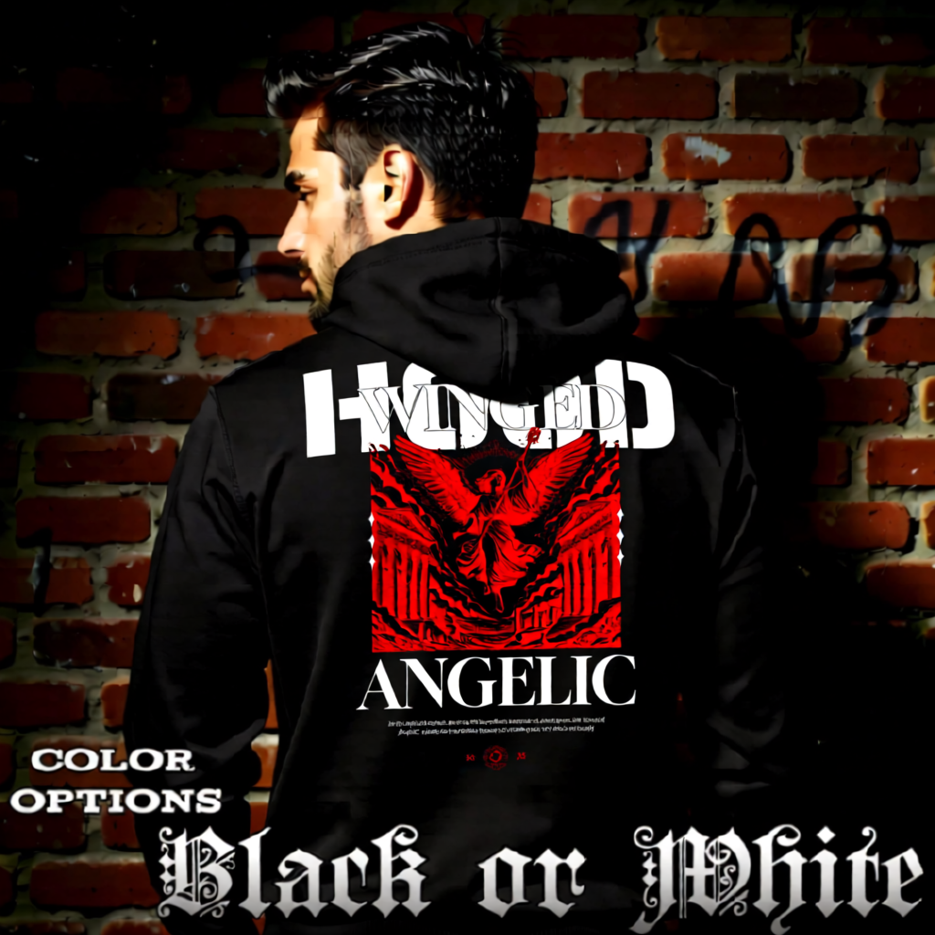 Model wearing gothic angel graphic oversized hoodie with dark art design. 