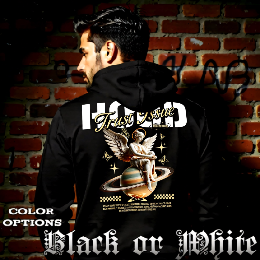 Model wearing gothic angel graphic oversized hoodie with dark art design. 