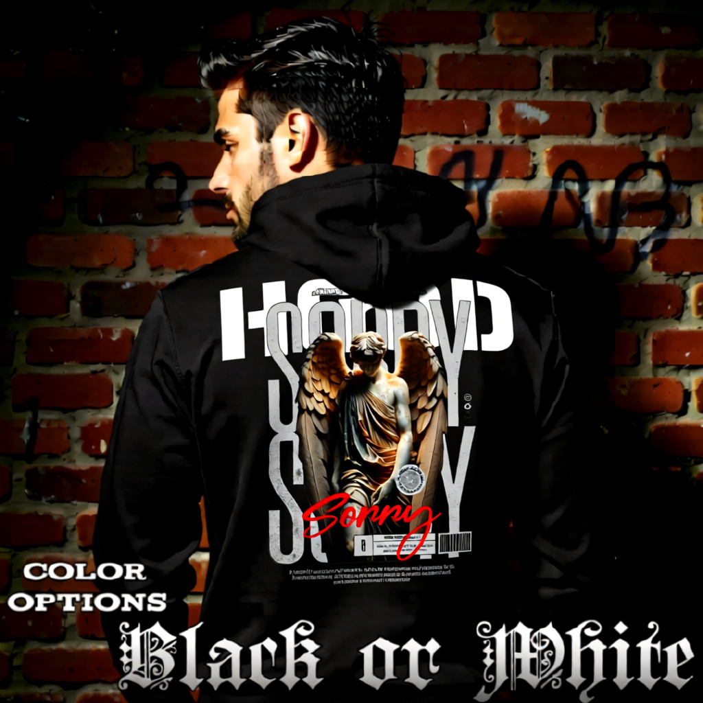 Model wearing gothic angel graphic oversized hoodie with dark art design. 